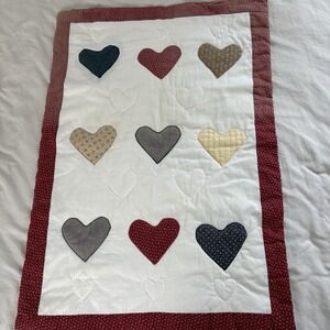 Handmade Quilted Appliqued Quilt Wall Hanging Hearts 1980s 90s Country Primitive